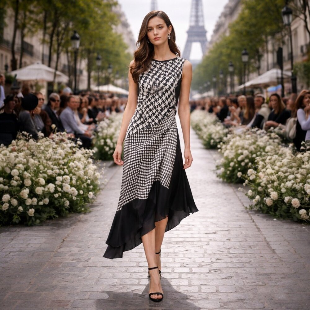 Monse Asymmetrical Black White Hounds Tooth Style Sleeveless Dress, Size Small - Picture 3 of 9
